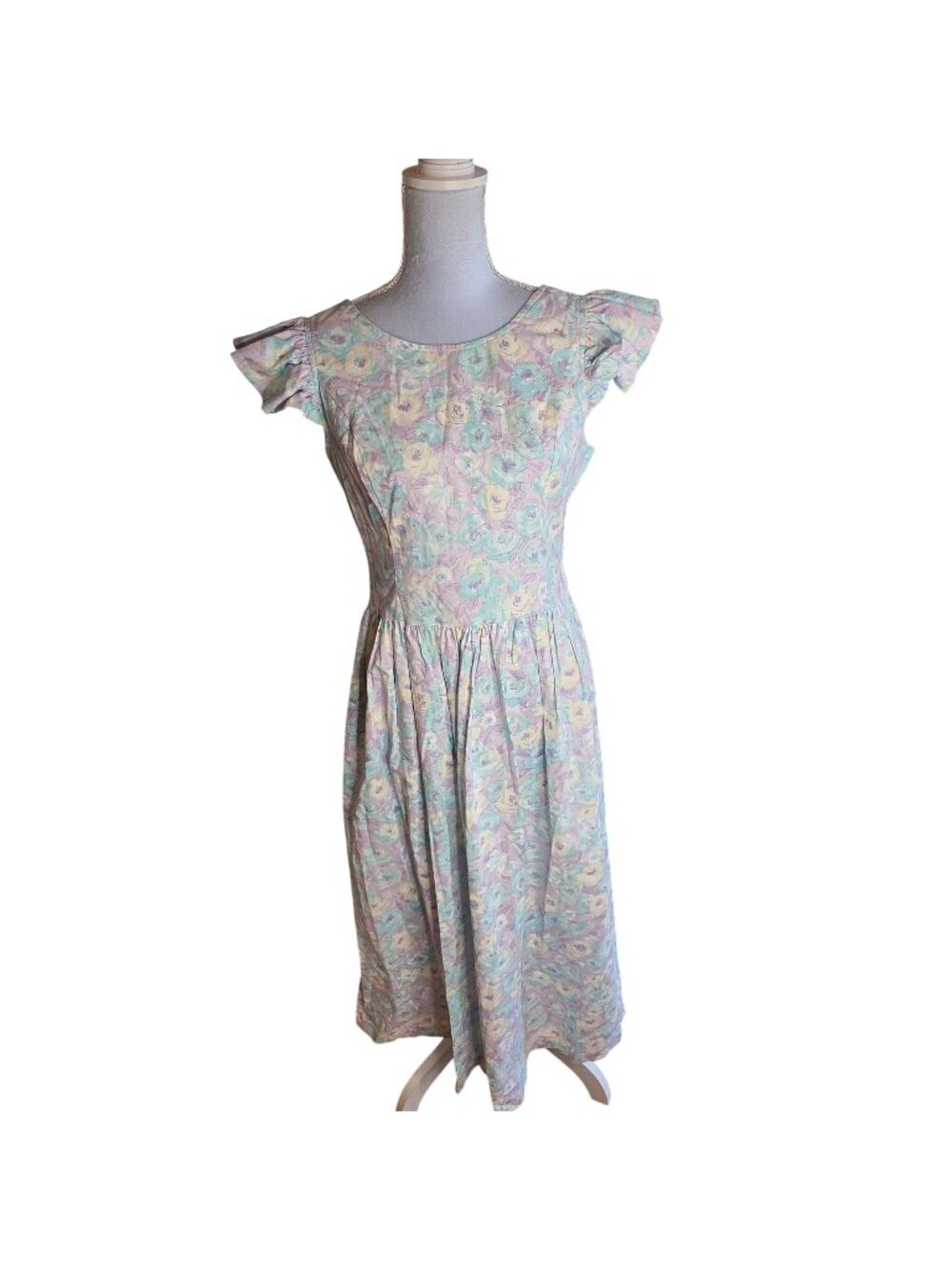 Vintage 80s Misty Lane Pastel Floral Dress Flutter Sleeve Cottagecore Prairie S